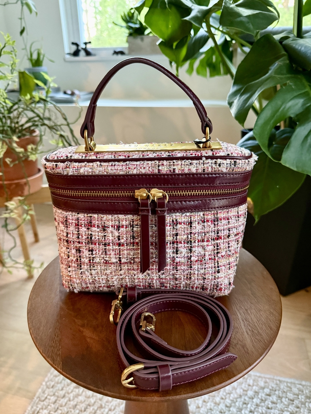 TED BAKER Tweed Top-Handle Crossbody Bag in Pink and Burgundy